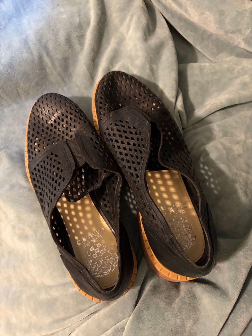 Vince Camuto Black Perforated Slip-On Flats with Tan Outsole